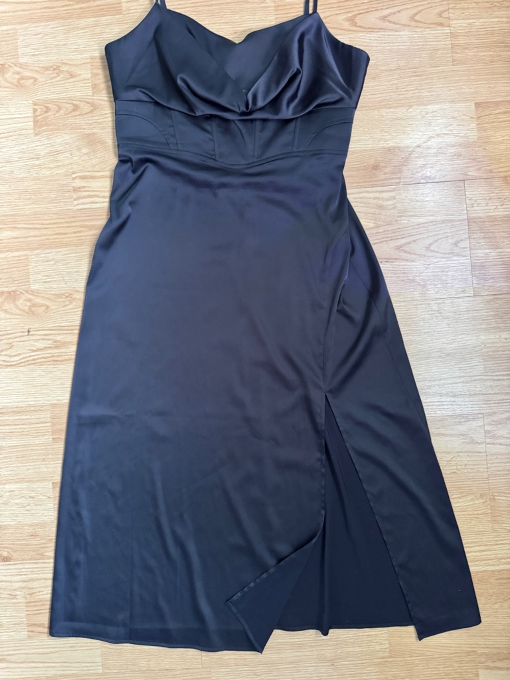 Steve Madden Black Satin Midi Slip Dress with Cowl Neck